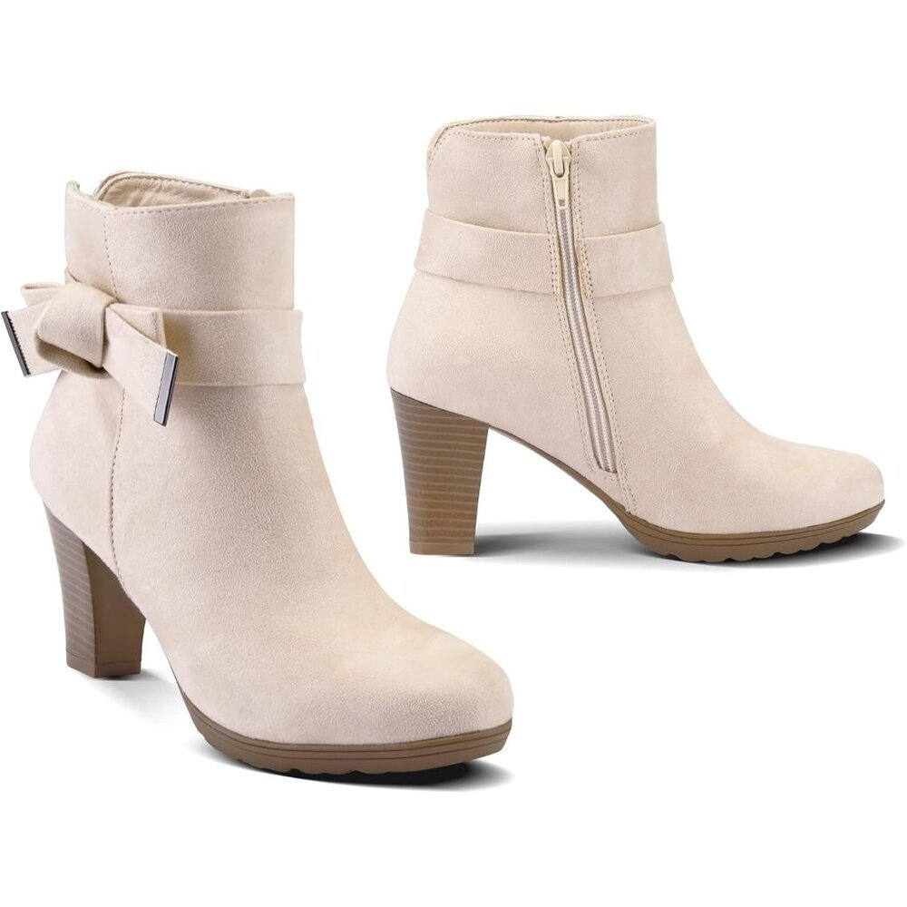Women's Beige Bow Suede Booties Chunky Stacked Heel Zipper Ankle Boots - Picture 3 of 6